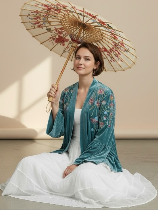 Mystree Sweaters - Embroidered Velvet Bell Sleeve Boho Kimono Cardigan